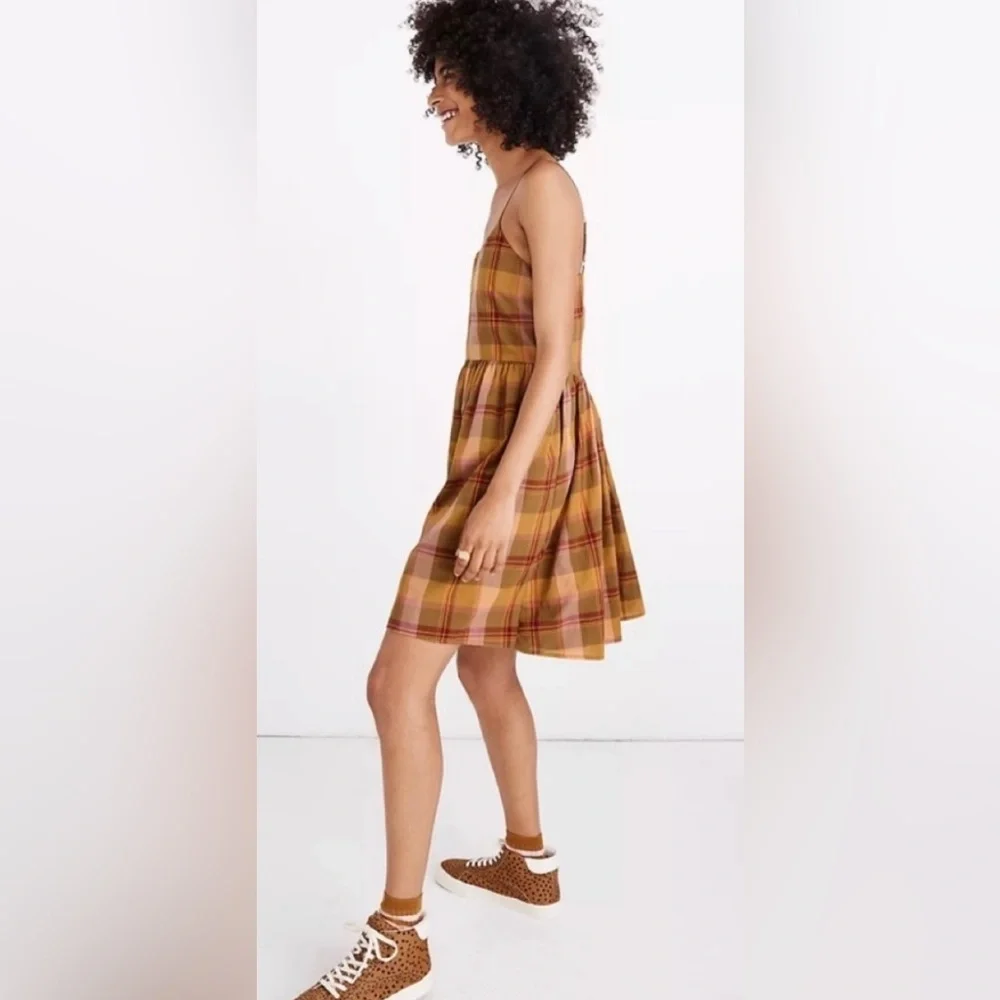 Madewell Babydoll Cami Dress in Yummy Olive & Raspberry (banana & peach) Plaid! - Picture 8 of 8